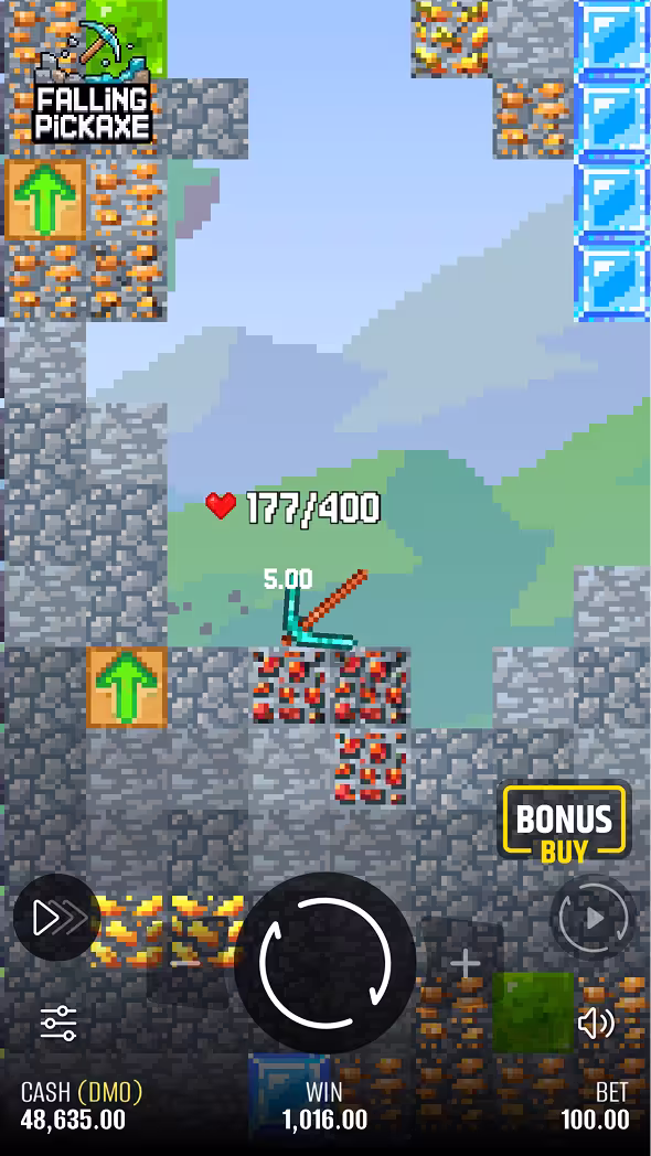 Мобильный скриншот геймплея Falling Pickaxe с блоками Diamond